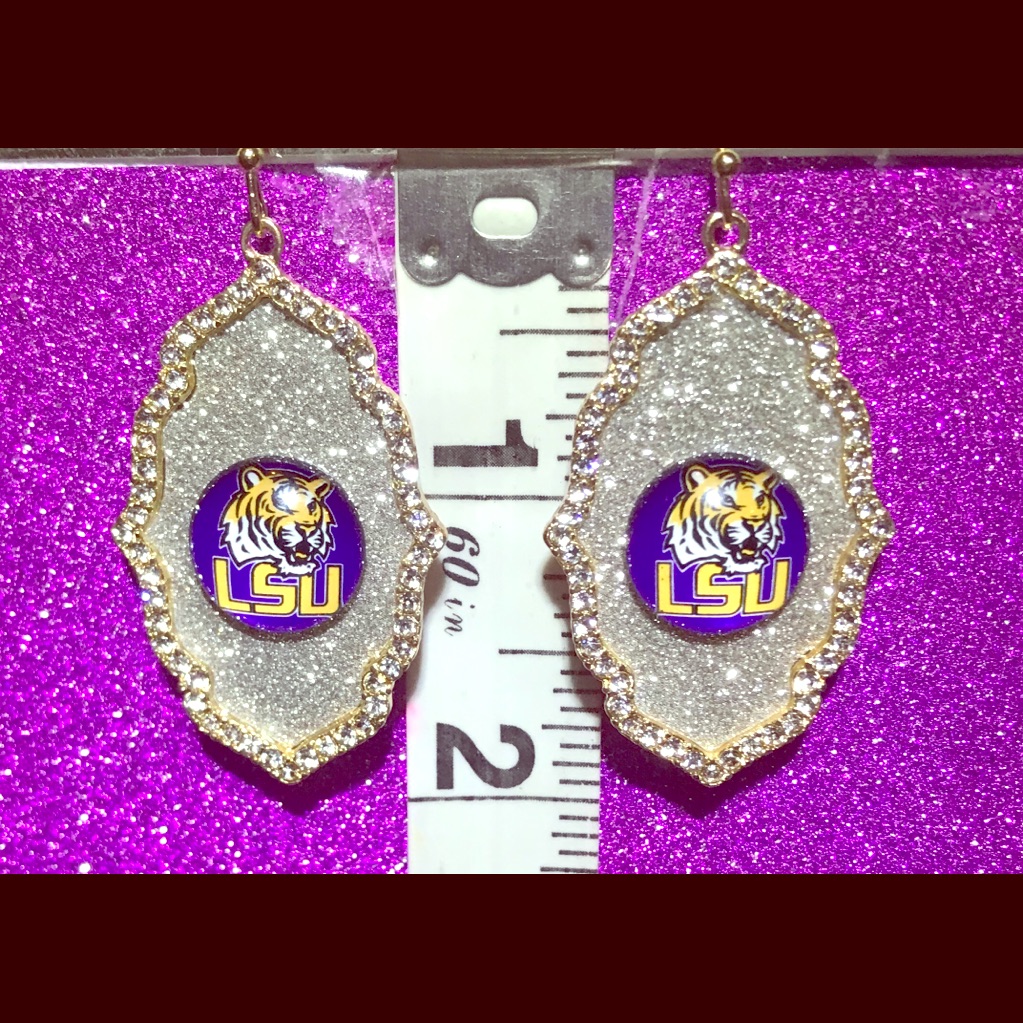 Gold Metal Lsu Silver Rhinestones Glitter Earrings